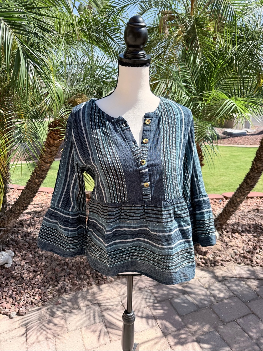Francesca’s Collection Blue Striped Peasant/Boho top with bell sleeves- NWT